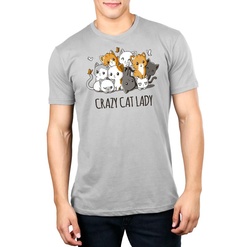 Premium Cotton T-shirt_TeeTurtle silver gray Crazy Cat Lady. Featuring a pile of cats in different colors cuddling together.