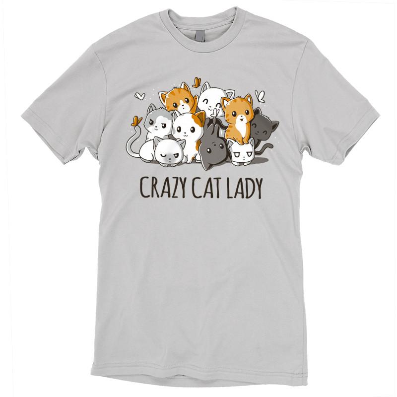 Premium Cotton T-shirt_TeeTurtle silver gray Crazy Cat Lady. Featuring a pile of cats in different colors cuddling together.