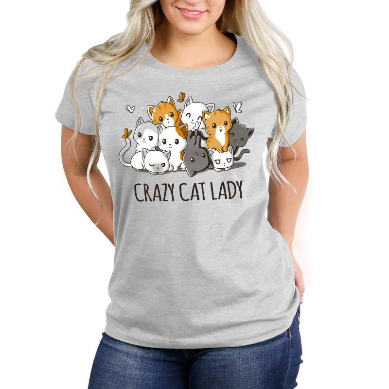 Premium Cotton T-shirt_TeeTurtle silver gray Crazy Cat Lady. Featuring a pile of cats in different colors cuddling together.