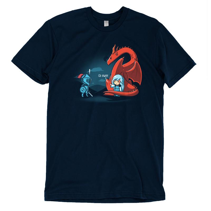 Premium Cotton T-shirt_TeeTurtle navy blue Damsel In Control. Featuring a damsel with a dragon telling a knight trying to rescue the damsel to go away.