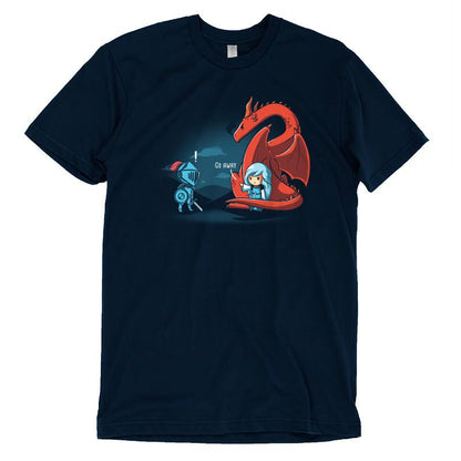 Premium Cotton T-shirt_TeeTurtle navy blue Damsel In Control. Featuring a damsel with a dragon telling a knight trying to rescue the damsel to go away.