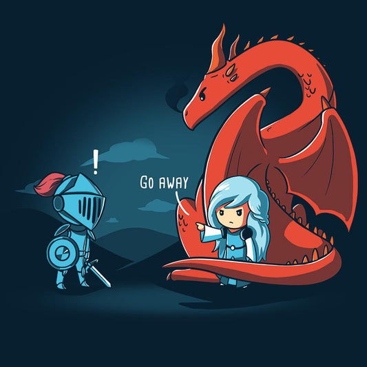 Premium Cotton T-shirt_TeeTurtle navy blue Damsel In Control. Featuring a damsel with a dragon telling a knight trying to rescue the damsel to go away.