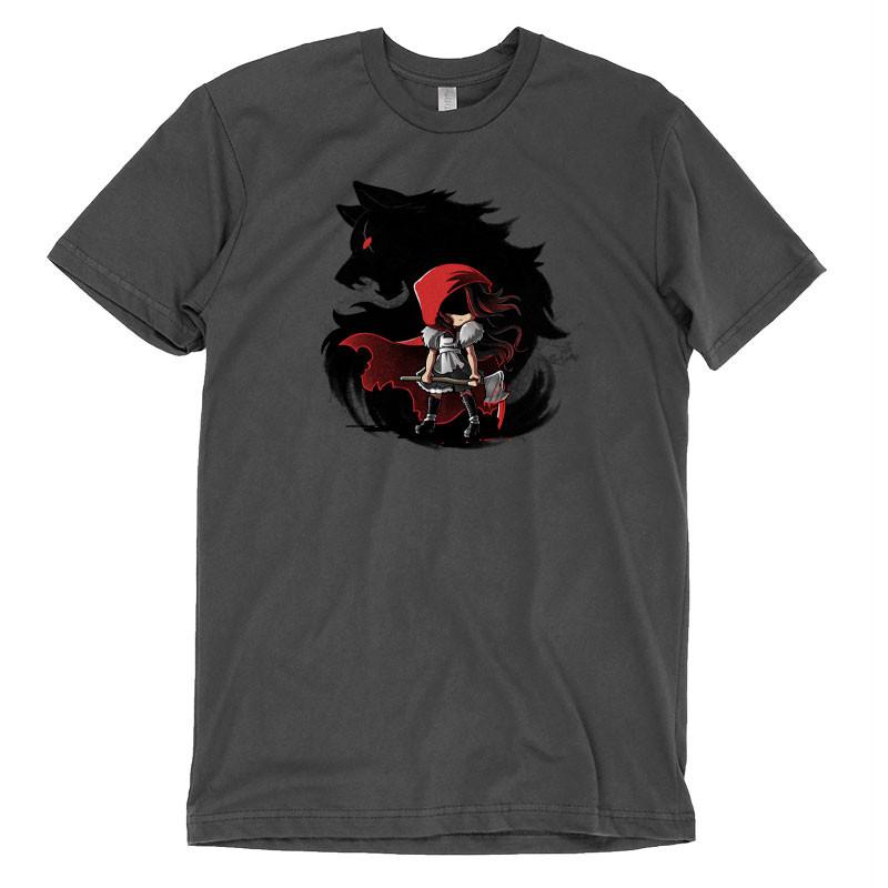 Premium Cotton T-shirt_TeeTurtle Dangerous charcoal gray t-shirt featuring a girl wearing a red riding hood holding an axe in front of a swirling silhouette of a wolf with a red eye, straight out of reading dark fairy tales. 