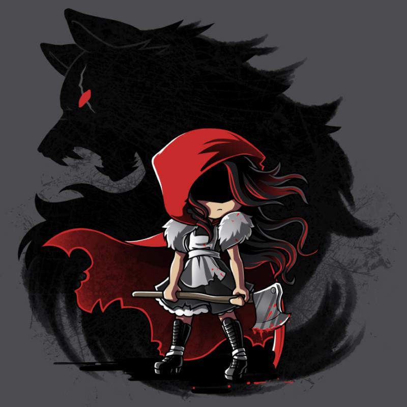 Premium Cotton T-shirt_TeeTurtle Dangerous charcoal gray t-shirt featuring a girl wearing a red riding hood holding an axe in front of a swirling silhouette of a wolf with a red eye, straight out of reading dark fairy tales. 