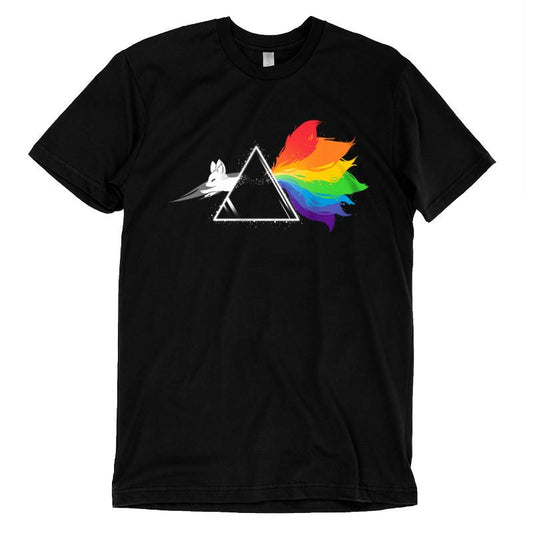 Premium Cotton T-shirt_TeeTurtle black Dark Side of the Kitsune. Featuring a white kitsune jumping through a triangular prism with a rainbow-colored tail.