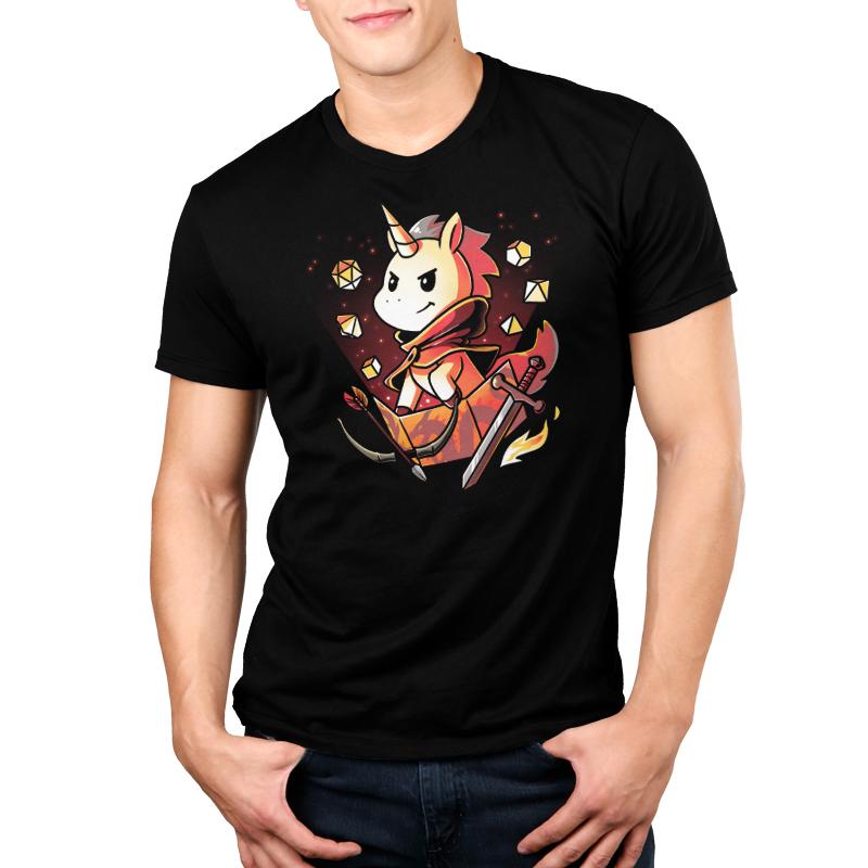 Premium Cotton T-shirt_TeeTurtle Dungeons & Unicorns black t-shirt featuring a unicorn dungeon master surrounded by tabletop gaming dice and weapons.