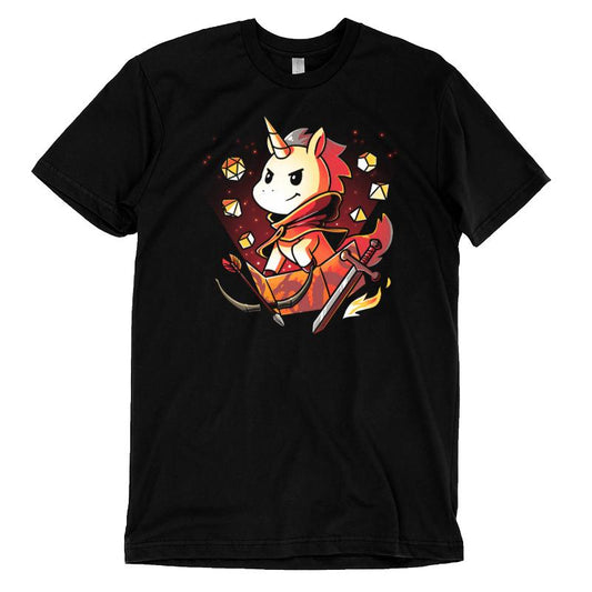 Premium Cotton T-shirt_TeeTurtle Dungeons & Unicorns black t-shirt featuring a unicorn dungeon master surrounded by tabletop gaming dice and weapons.