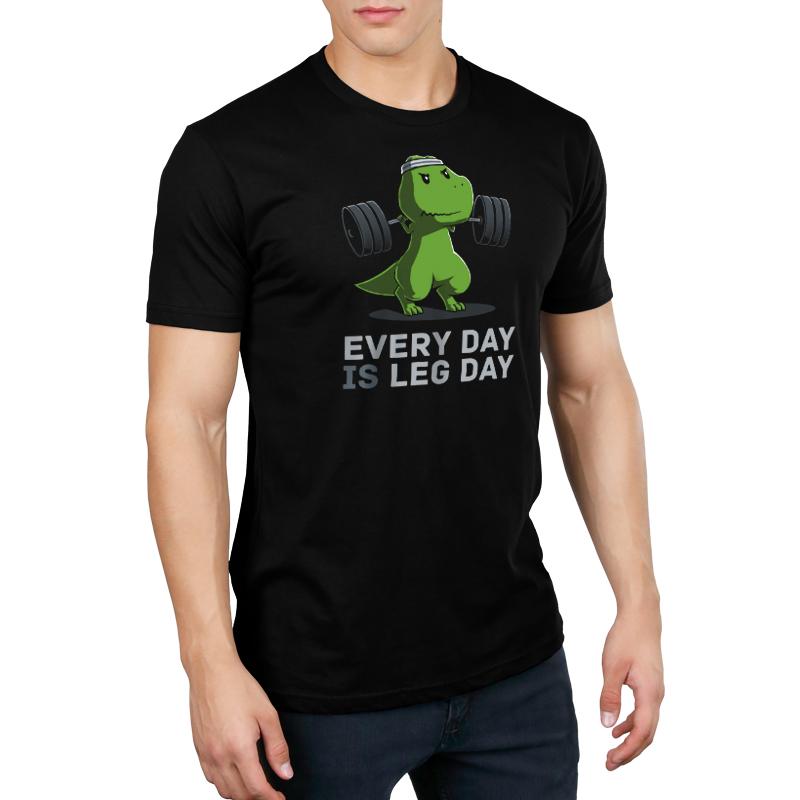 Premium Cotton T-shirt_TeeTurtle black Every Day Is Leg Day. Featuring a t-rex lifting a barbell.