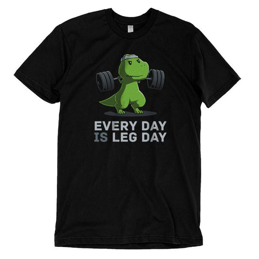 Premium Cotton T-shirt_TeeTurtle black Every Day Is Leg Day. Featuring a t-rex lifting a barbell.