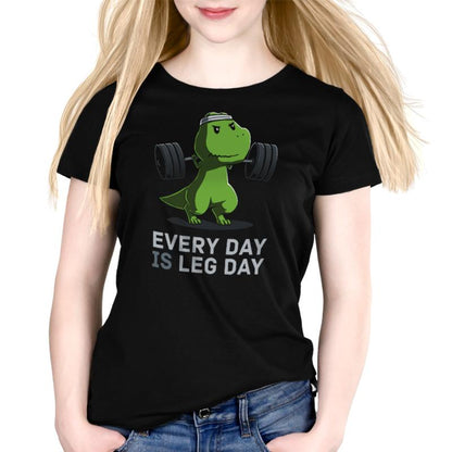 Premium Cotton T-shirt_TeeTurtle black Every Day Is Leg Day. Featuring a t-rex lifting a barbell.