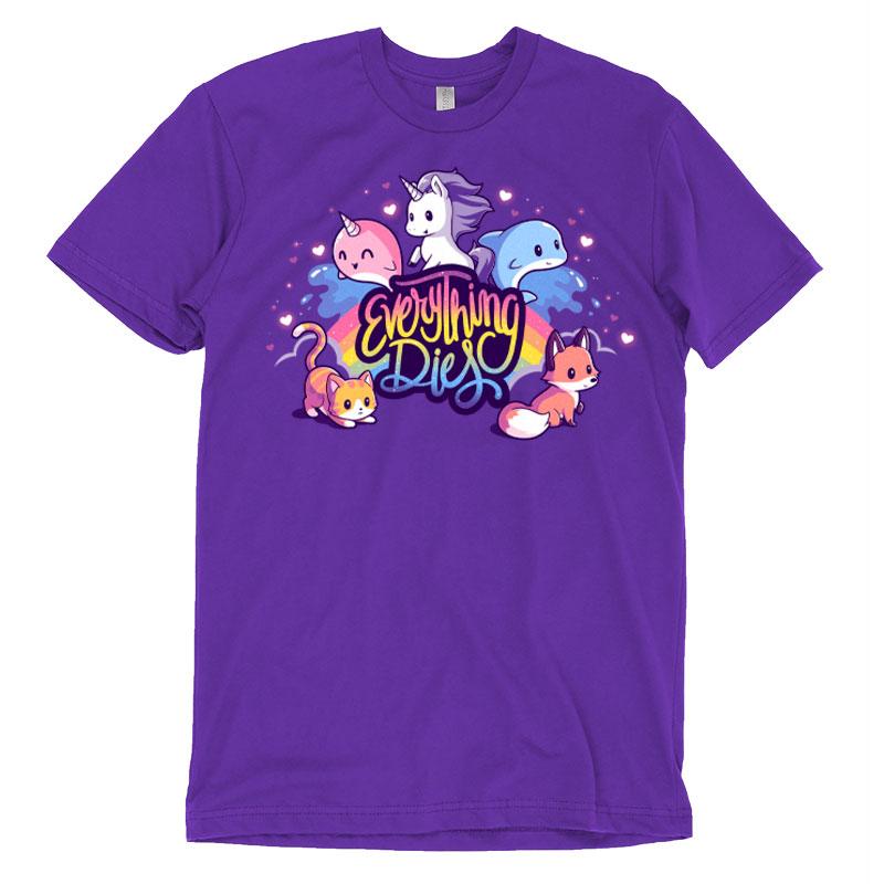 Premium Cotton T-shirt_TeeTurtle Everything Dies purple t-shirt featuring animals and mythical creatures with the text "Everything Dies".