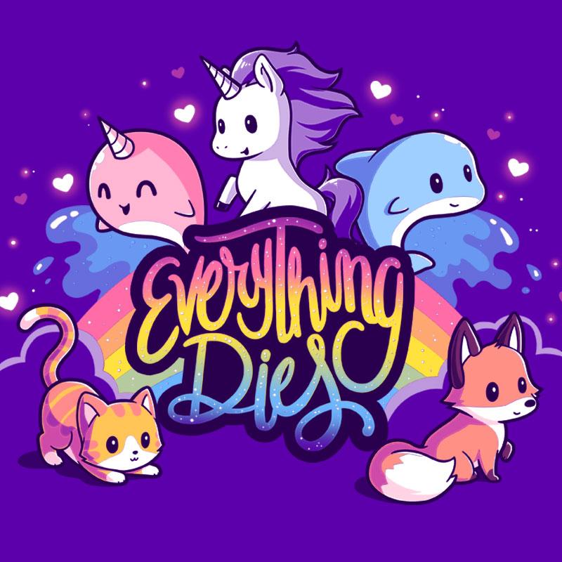 Premium Cotton T-shirt_TeeTurtle Everything Dies purple t-shirt featuring animals and mythical creatures with the text "Everything Dies".