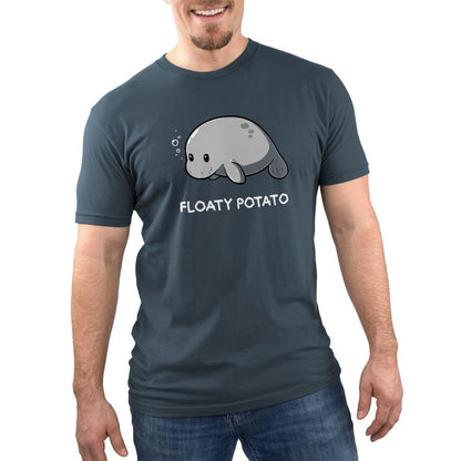 Premium Cotton T-shirt_Teeturtle Floaty Potato denim t-shirt featuring an adorable manatee floating above the words 'Floaty Potato.'