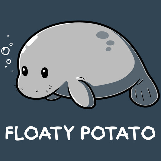 Premium Cotton T-shirt_Teeturtle Floaty Potato denim t-shirt featuring an adorable manatee floating above the words 'Floaty Potato.'