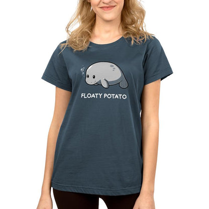 Premium Cotton T-shirt_Teeturtle Floaty Potato denim t-shirt featuring an adorable manatee floating above the words 'Floaty Potato.'