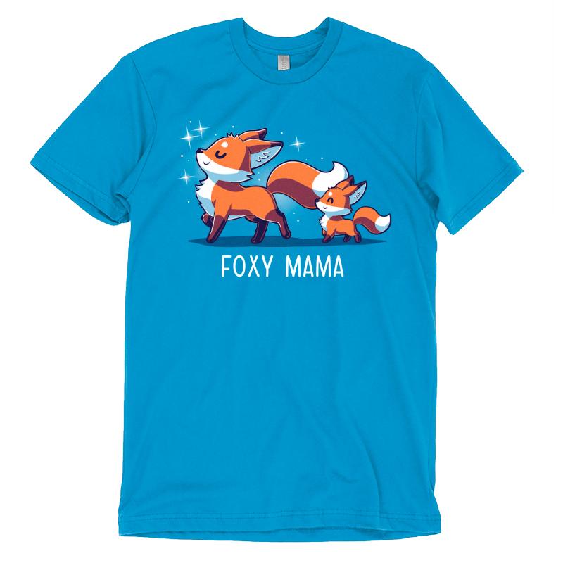 Premium Cotton T-shirt_TeeTurtle Foxy Mama cobalt blue t-shirt featuring a proud, smiling fox walking ahead with a smaller fox following.