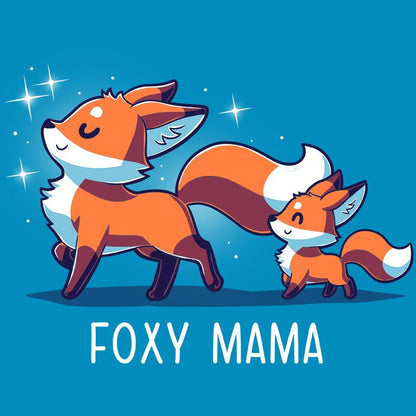 Premium Cotton T-shirt_TeeTurtle Foxy Mama cobalt blue t-shirt featuring a proud, smiling fox walking ahead with a smaller fox following.