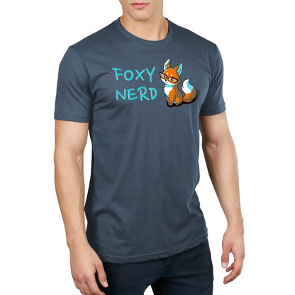 Premium Cotton T-shirt_Teeturtle Foxy Nerd denim t-shirt featuring a fox with glasses sitting next to the text "FOXY NERD."