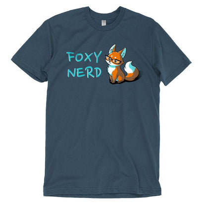 Premium Cotton T-shirt_Teeturtle Foxy Nerd denim t-shirt featuring a fox with glasses sitting next to the text "FOXY NERD."