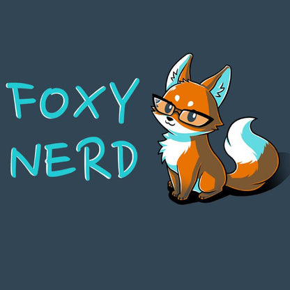 Premium Cotton T-shirt_Teeturtle Foxy Nerd denim t-shirt featuring a fox with glasses sitting next to the text "FOXY NERD."