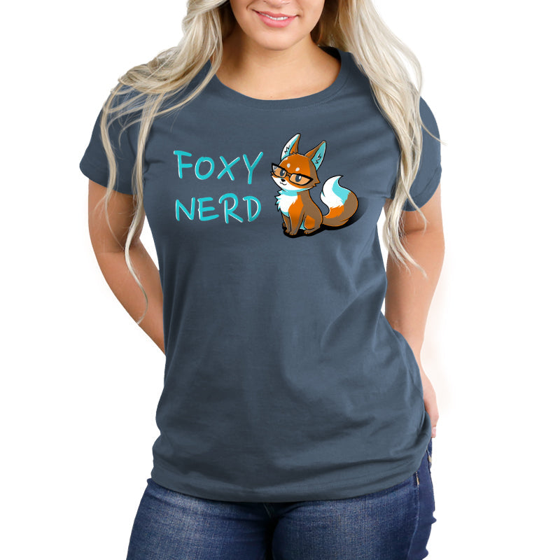 Premium Cotton T-shirt_Teeturtle Foxy Nerd denim t-shirt featuring a fox with glasses sitting next to the text "FOXY NERD."