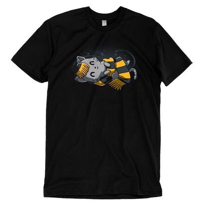 Premium Cotton T-shirt_Teeturtle Friendly Kitty black t-shirt featuring a friendly gray magical kitty on its back wrapped up in a long yellow and black scarf.