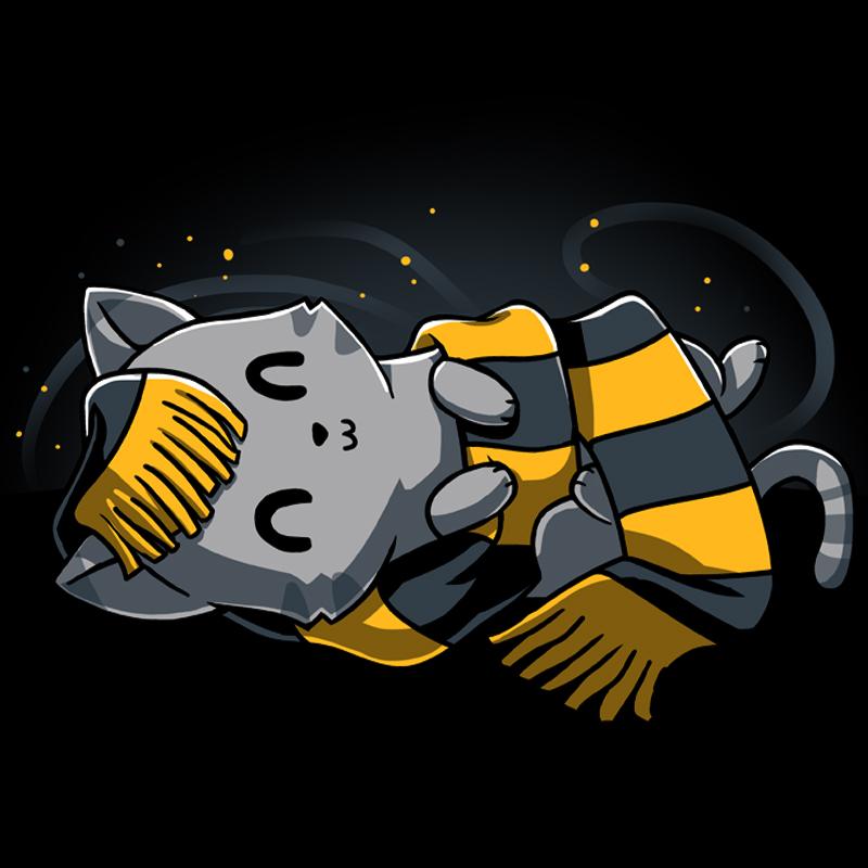 Premium Cotton T-shirt_Teeturtle Friendly Kitty black t-shirt featuring a friendly gray magical kitty on its back wrapped up in a long yellow and black scarf.