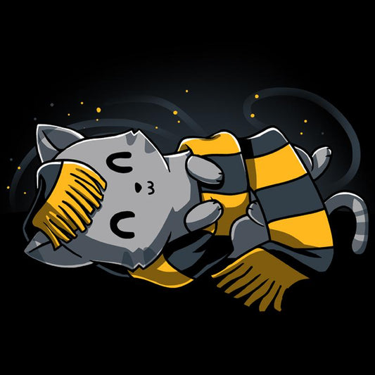 Premium Cotton T-shirt_Teeturtle Friendly Kitty black t-shirt featuring a friendly gray magical kitty on its back wrapped up in a long yellow and black scarf.