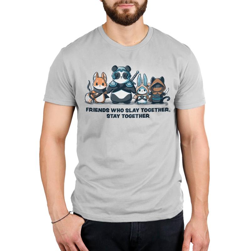 Premium Cotton T-shirt_Teeturtle Friends Who Slay Together, Stay Together silver gray t-shirt featuring a fox, panda, rabbit, and cat dressed as warriors with weapons. Text beneath reads, "Friends Who Slay Together Stay Together."