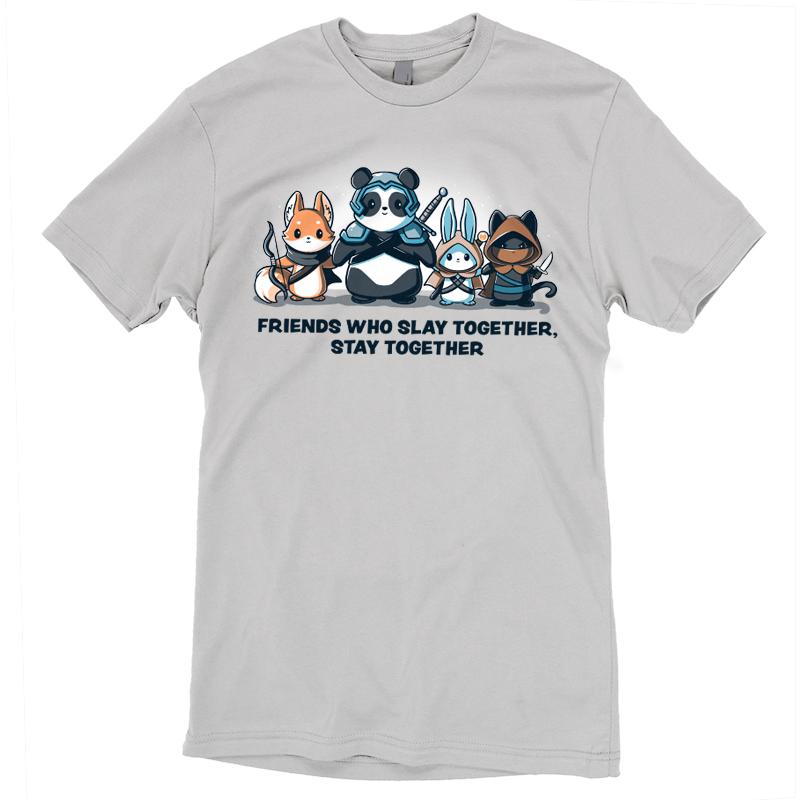 Premium Cotton T-shirt_Teeturtle Friends Who Slay Together, Stay Together silver gray t-shirt featuring a fox, panda, rabbit, and cat dressed as warriors with weapons. Text beneath reads, "Friends Who Slay Together Stay Together."