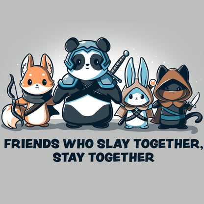 Premium Cotton T-shirt_Teeturtle Friends Who Slay Together, Stay Together silver gray t-shirt featuring a fox, panda, rabbit, and cat dressed as warriors with weapons. Text beneath reads, "Friends Who Slay Together Stay Together."