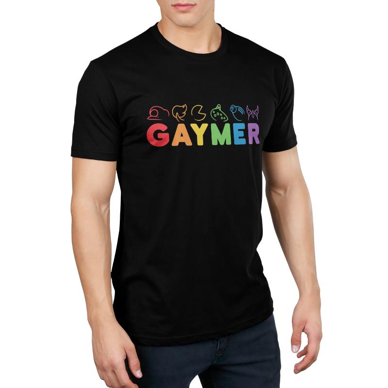 Premium Cotton T-shirt_TeeTurtle black Gaymer. Featuring rainbow text spelling out, "Gaymer" with video game elements on top.