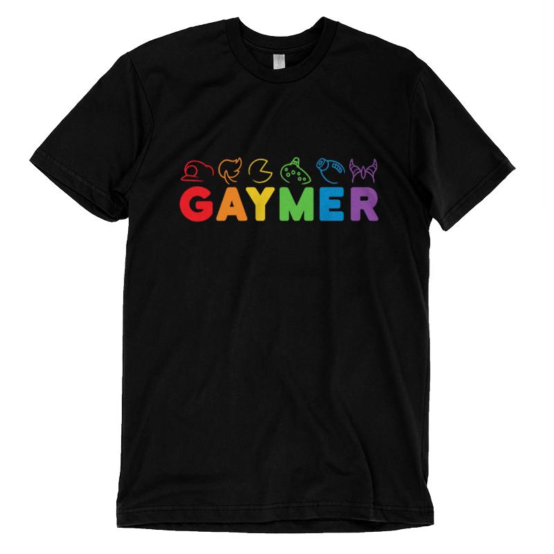 Premium Cotton T-shirt_TeeTurtle black Gaymer. Featuring rainbow text spelling out, "Gaymer" with video game elements on top.