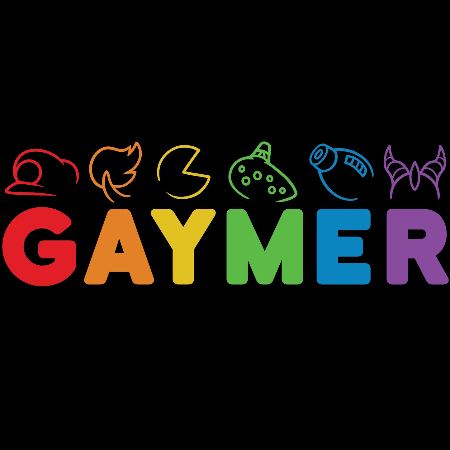 Premium Cotton T-shirt_TeeTurtle black Gaymer. Featuring rainbow text spelling out, "Gaymer" with video game elements on top.