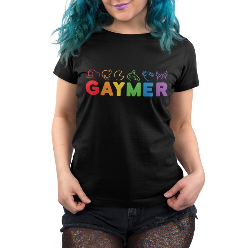 Premium Cotton T-shirt_TeeTurtle black Gaymer. Featuring rainbow text spelling out, "Gaymer" with video game elements on top.