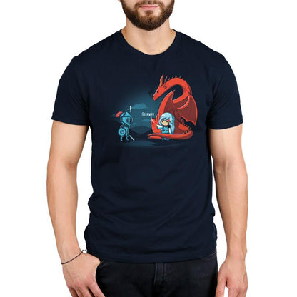 Premium Cotton T-shirt_TeeTurtle navy blue Damsel In Control. Featuring a damsel with a dragon telling a knight trying to rescue the damsel to go away.