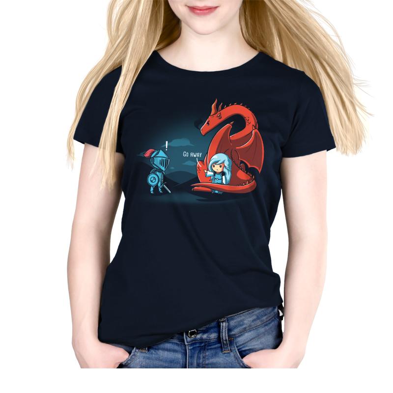 Premium Cotton T-shirt_TeeTurtle navy blue Damsel In Control. Featuring a damsel with a dragon telling a knight trying to rescue the damsel to go away.