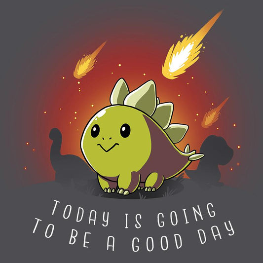 Premium Cotton T-shirt_TeeTurtle charcoal gray Good Day. Featuring an optimistic stegosaurus surrounded by falling apocalyptic meteors.