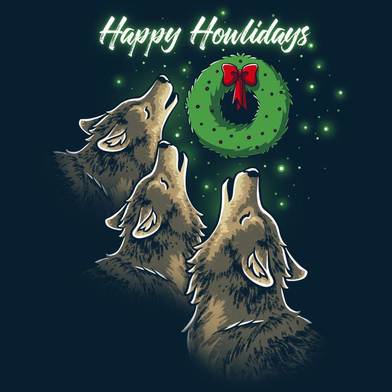 Premium Cotton T-shirt_TeeTurtle Happy Howlidays navy blue t-shirt featuring three wolves howling at a Christmas wreath with a red bow.