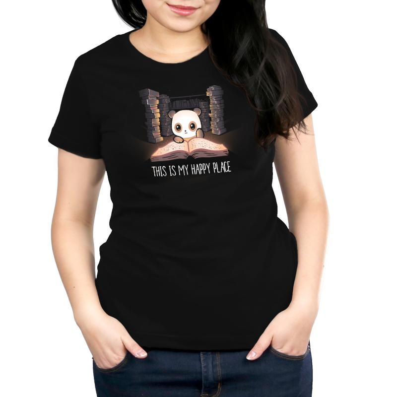 Premium Cotton T-shirt_TeeTurtle black My Happy Place. Featuring a panda in its happy place reading an open book surrounded by stacks of books.