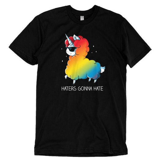 Premium Cotton T-shirt_Teeturtle Haters Gonna Hate black t-shirt featuring a llama-unicorn with a rainbow-colored fluffy body wearing sunglasses, walking confidently with the text 