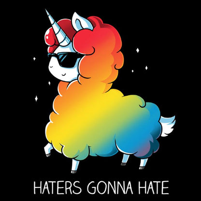 Premium Cotton T-shirt_Teeturtle Haters Gonna Hate black t-shirt featuring a llama-unicorn with a rainbow-colored fluffy body wearing sunglasses, walking confidently with the text "Haters Gonna Hate" below.