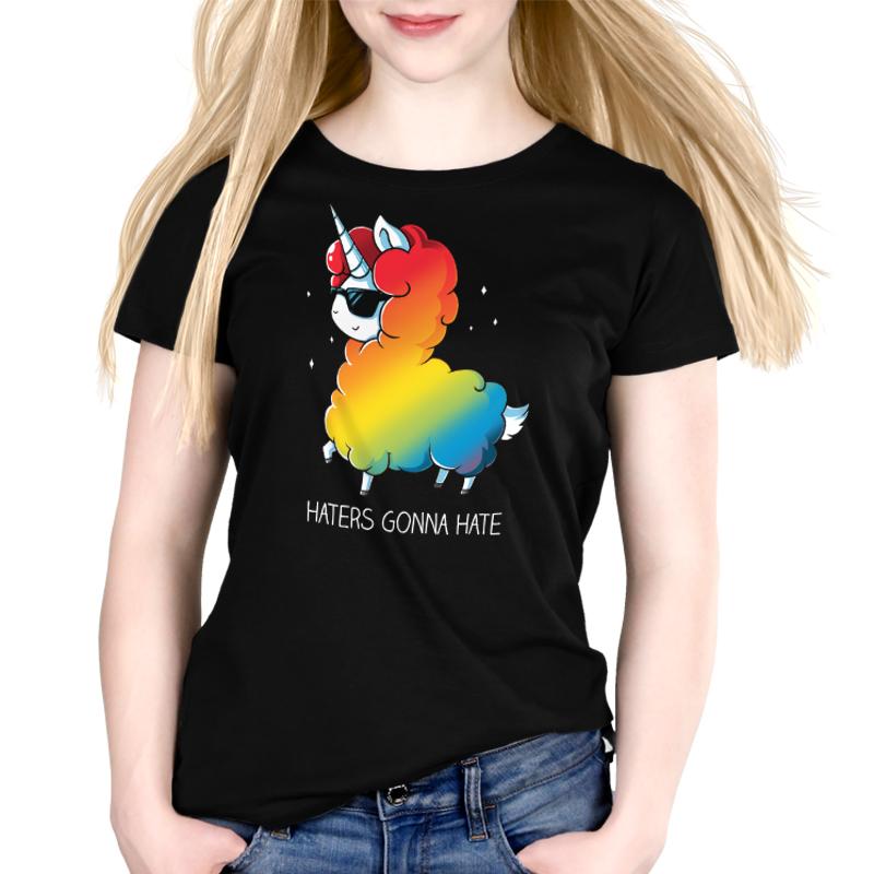 Premium Cotton T-shirt_Teeturtle Haters Gonna Hate black t-shirt featuring a llama-unicorn with a rainbow-colored fluffy body wearing sunglasses, walking confidently with the text "Haters Gonna Hate" below.