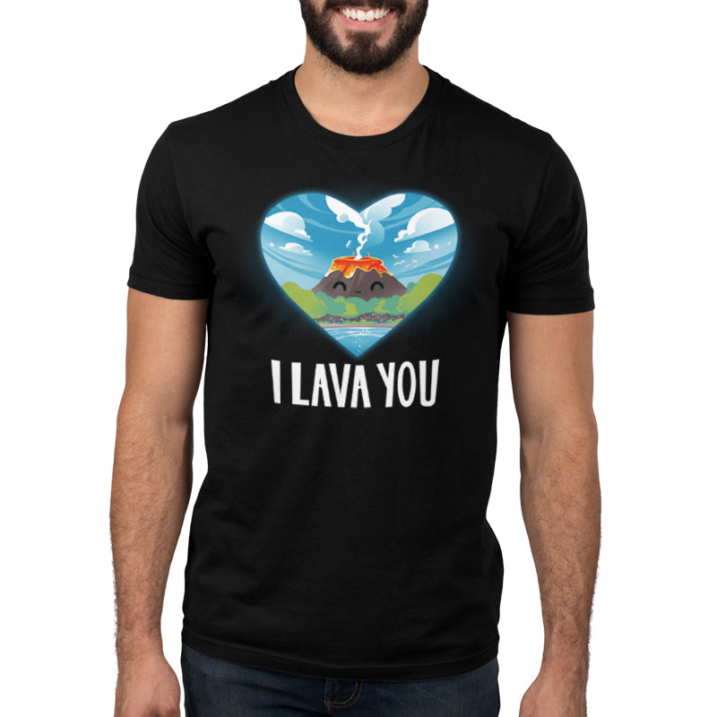 Premium Cotton T-shirt_An illustration of a smiling volcano with lava, surrounded by trees and water, inside a heart shape. The text below reads "I LAVA YOU." This I Lava You apparel by monsterdigital is made from super soft ringspun cotton for ultimate comfort. Suitable for everyone, it's the perfect unisex tee!