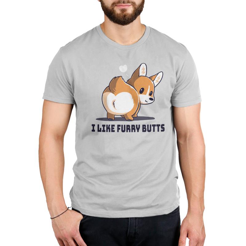 Premium Cotton T-shirt_TeeTurtle I Like Furry Butts silver gray t-shirt featuring a corgi with a white heart above its head.