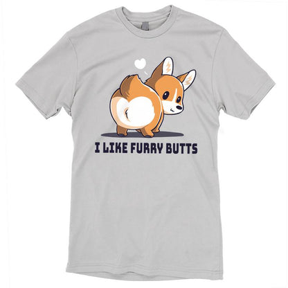 Premium Cotton T-shirt_TeeTurtle I Like Furry Butts silver gray t-shirt featuring a corgi with a white heart above its head.