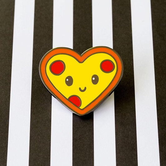 A I <3 Pizza Pin enamel pin on a striped background.