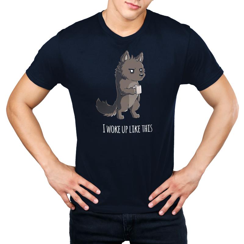 Premium Cotton T-shirt_TeeTurtle navy blue I Woke Up Like This. Featuring a grumpy werewolf holding a cup of coffee.