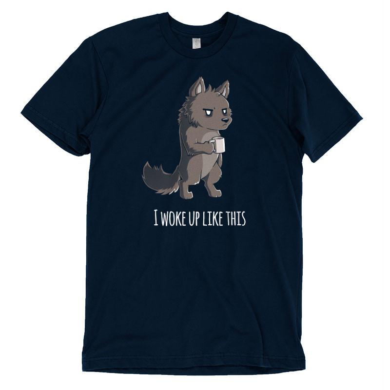 Premium Cotton T-shirt_TeeTurtle navy blue I Woke Up Like This. Featuring a grumpy werewolf holding a cup of coffee.