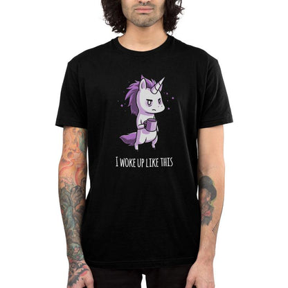 Premium Cotton T-shirt_TeeTurtle black Morning Unicorn. Featuring a disheveled unicorn holding a coffee cup.